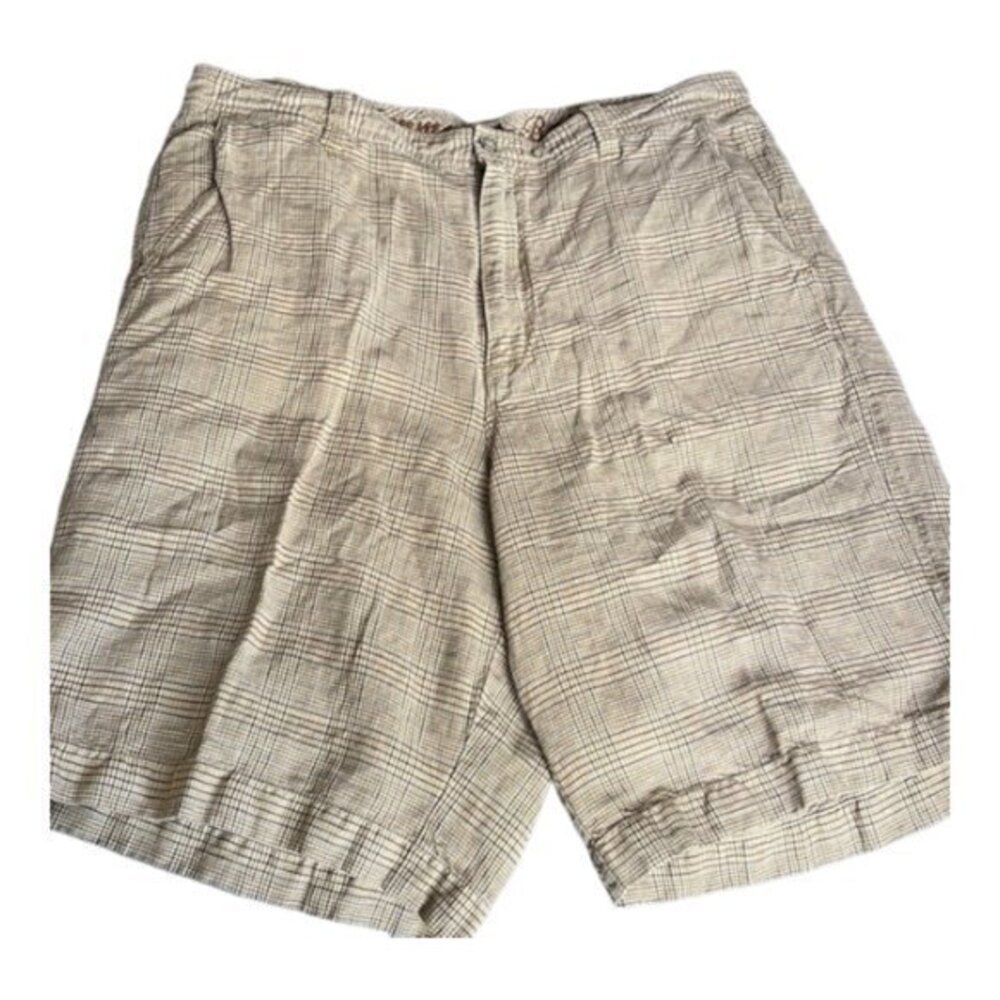 Tommy Bahama Tan Brown Plaid Linen/Silk Blend Casual Shorts Size 36 GUC #0150